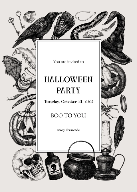 Vintage Halloween wreath design. Hand drawn vector illustration. Realistic skull, bones, pumpkin, poisonous mushrooms, snakes, raven sketches. Halloween party invitation, flyer, poster, card template